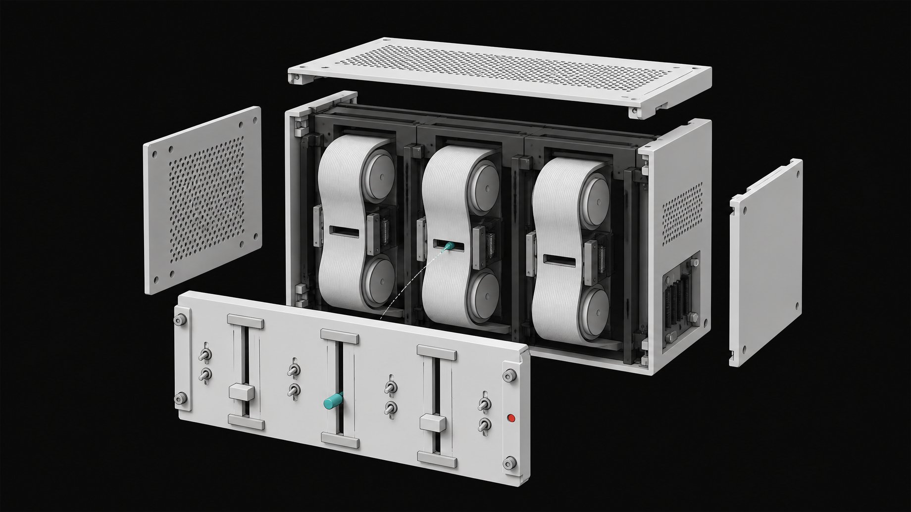 An exploded structural view of a modular computing chassis where a front panel of mechanical sliders governs and interfaces with continuous internal spools.
