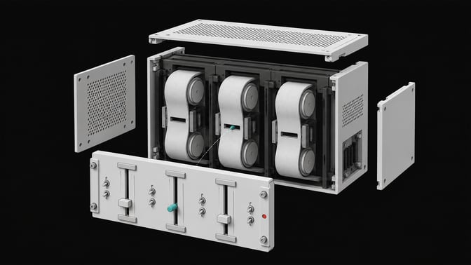 An exploded structural view of a modular computing chassis where a front panel of mechanical sliders governs and interfaces with continuous internal spools.