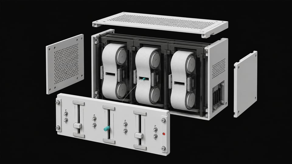 An exploded structural view of a modular computing chassis where a front panel of mechanical sliders governs and interfaces with continuous internal spools.
