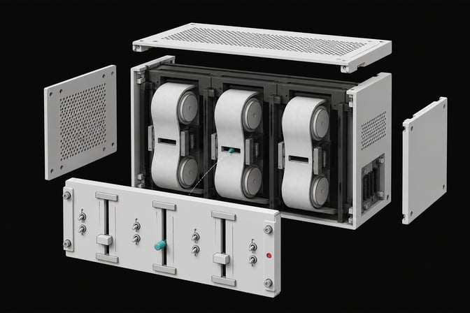 An exploded structural view of a modular computing chassis where a front panel of mechanical sliders governs and interfaces with continuous internal spools.