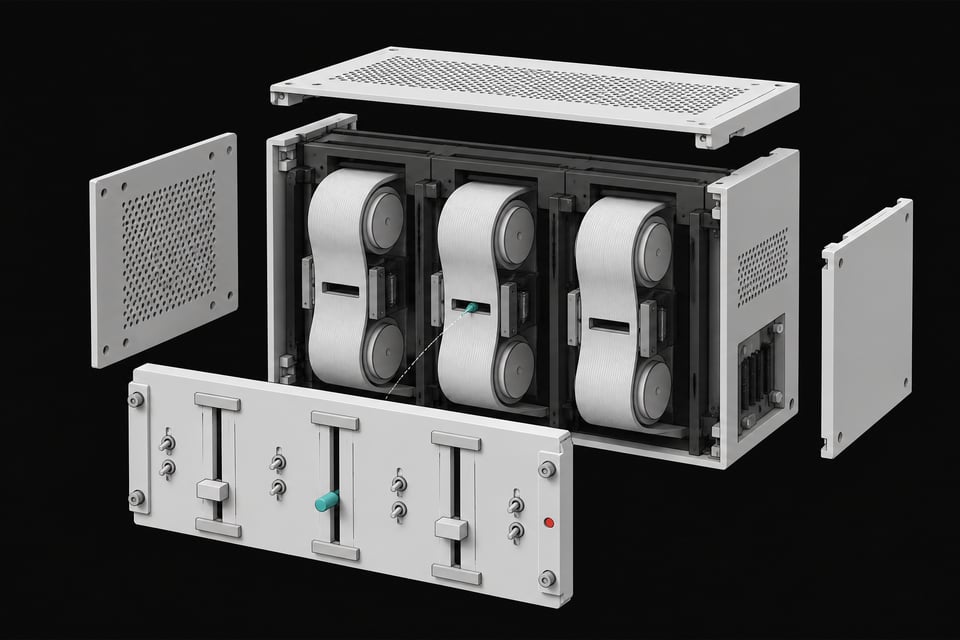 An exploded structural view of a modular computing chassis where a front panel of mechanical sliders governs and interfaces with continuous internal spools.