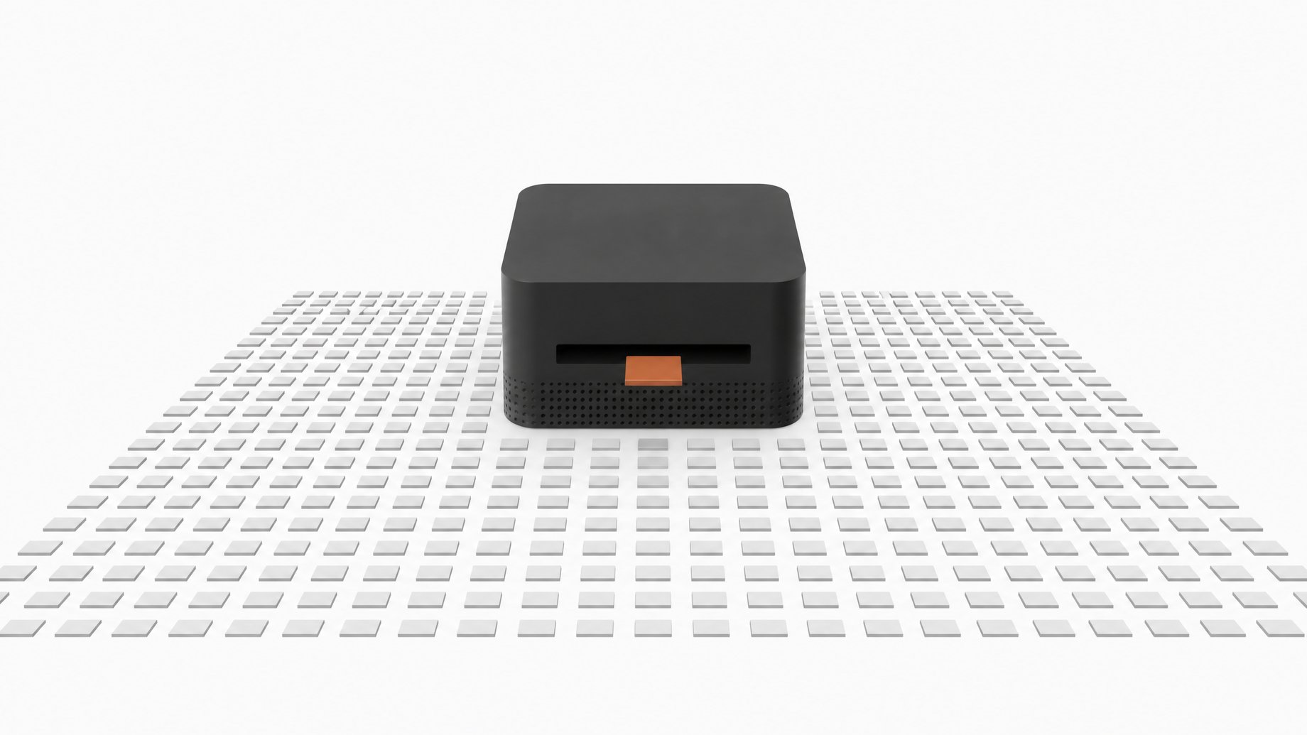 A thick, square desktop computer sits at the center of a vast, precise grid of small blank tiles, with a single accented tile entering its front slot to represent a local AI inference query.