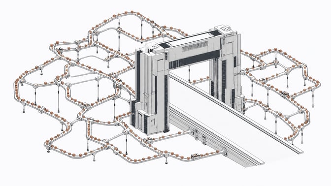 An architectural model showing dense streams of small data tokens taking intricate bypass conduits to route entirely around a large, empty central filter gateway.