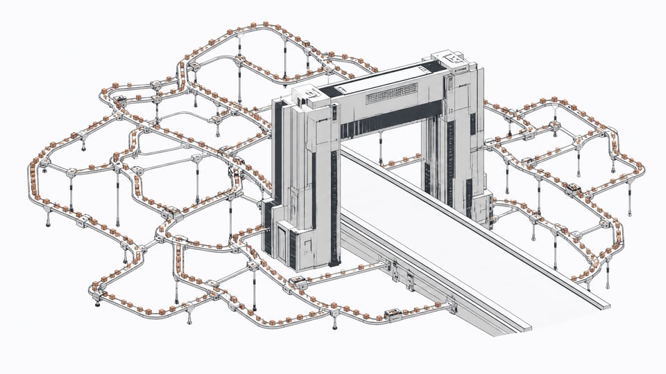 An architectural model showing dense streams of small data tokens taking intricate bypass conduits to route entirely around a large, empty central filter gateway.
