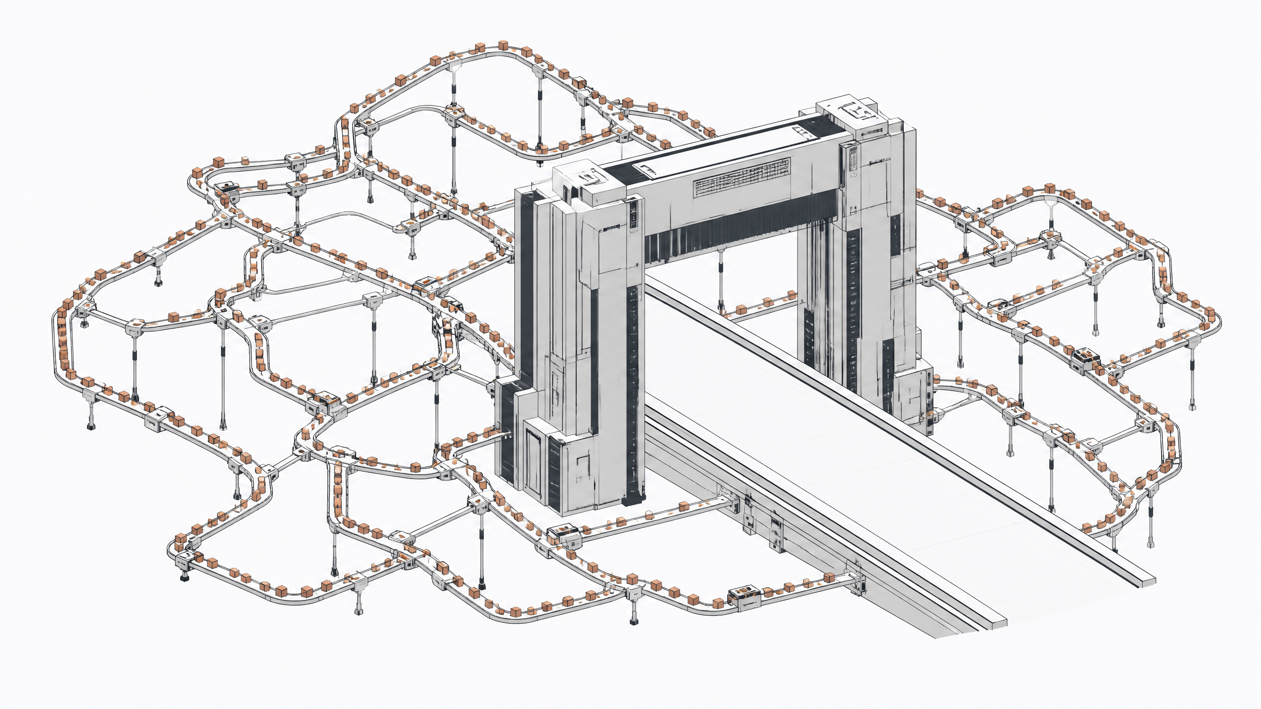 An architectural model showing dense streams of small data tokens taking intricate bypass conduits to route entirely around a large, empty central filter gateway.