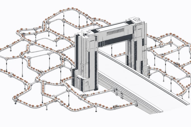 An architectural model showing dense streams of small data tokens taking intricate bypass conduits to route entirely around a large, empty central filter gateway.