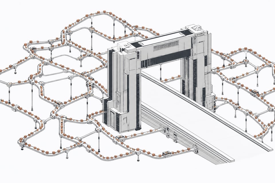 An architectural model showing dense streams of small data tokens taking intricate bypass conduits to route entirely around a large, empty central filter gateway.