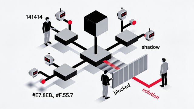 Minimal ink-and-crimson illustration of an office desk with a small chat-bubble icon glowing on a laptop, its shadow looming large and dark on the wall behind it, symbolizing hidden shadow AI use
