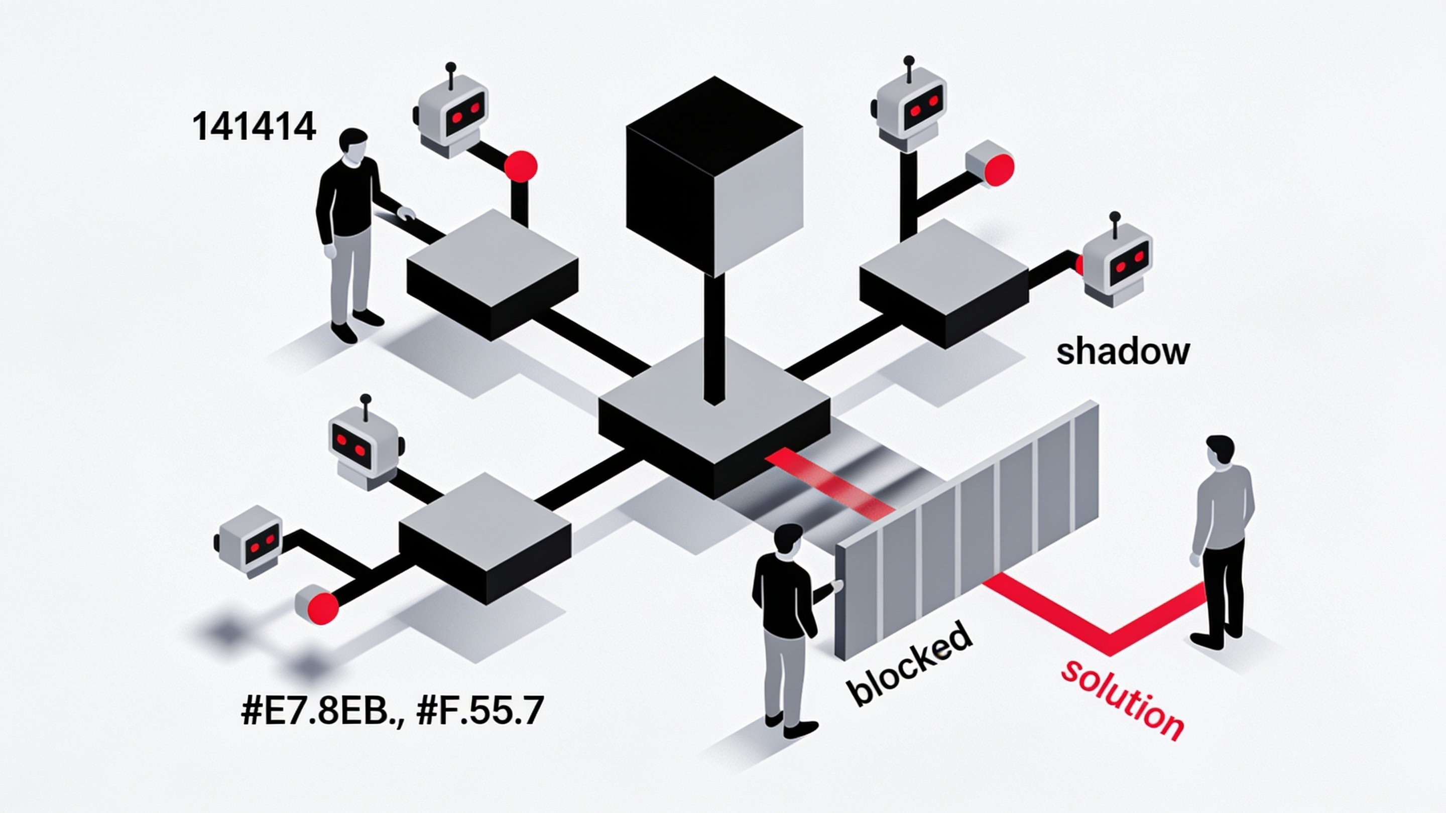 Minimal ink-and-crimson illustration of an office desk with a small chat-bubble icon glowing on a laptop, its shadow looming large and dark on the wall behind it, symbolizing hidden shadow AI use