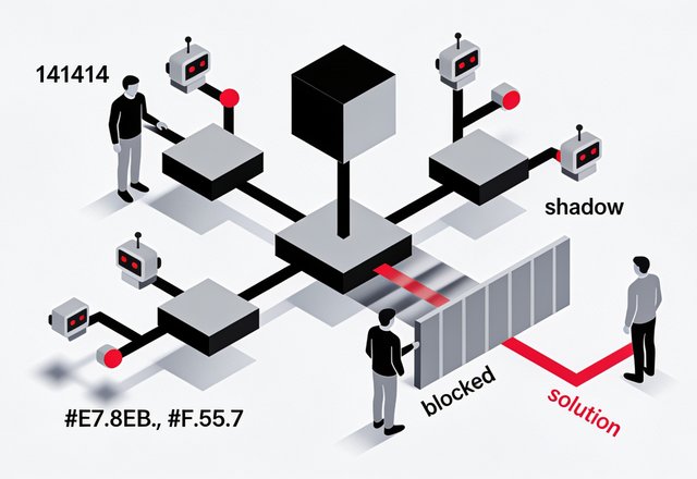 Minimal ink-and-crimson illustration of an office desk with a small chat-bubble icon glowing on a laptop, its shadow looming large and dark on the wall behind it, symbolizing hidden shadow AI use