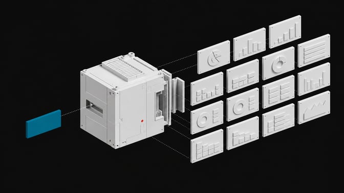 An exploded-view mechanical diagram showing a single input token feeding into a processor that expands outward into a structured grid of physical dashboard panels.