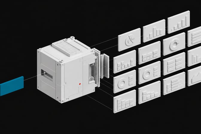 An exploded-view mechanical diagram showing a single input token feeding into a processor that expands outward into a structured grid of physical dashboard panels.