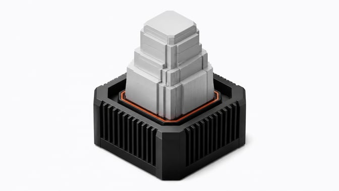 A self-contained hardware dock processing a dense, stepped geometric block, representing a quantized AI model running on an isolated local inference stack.
