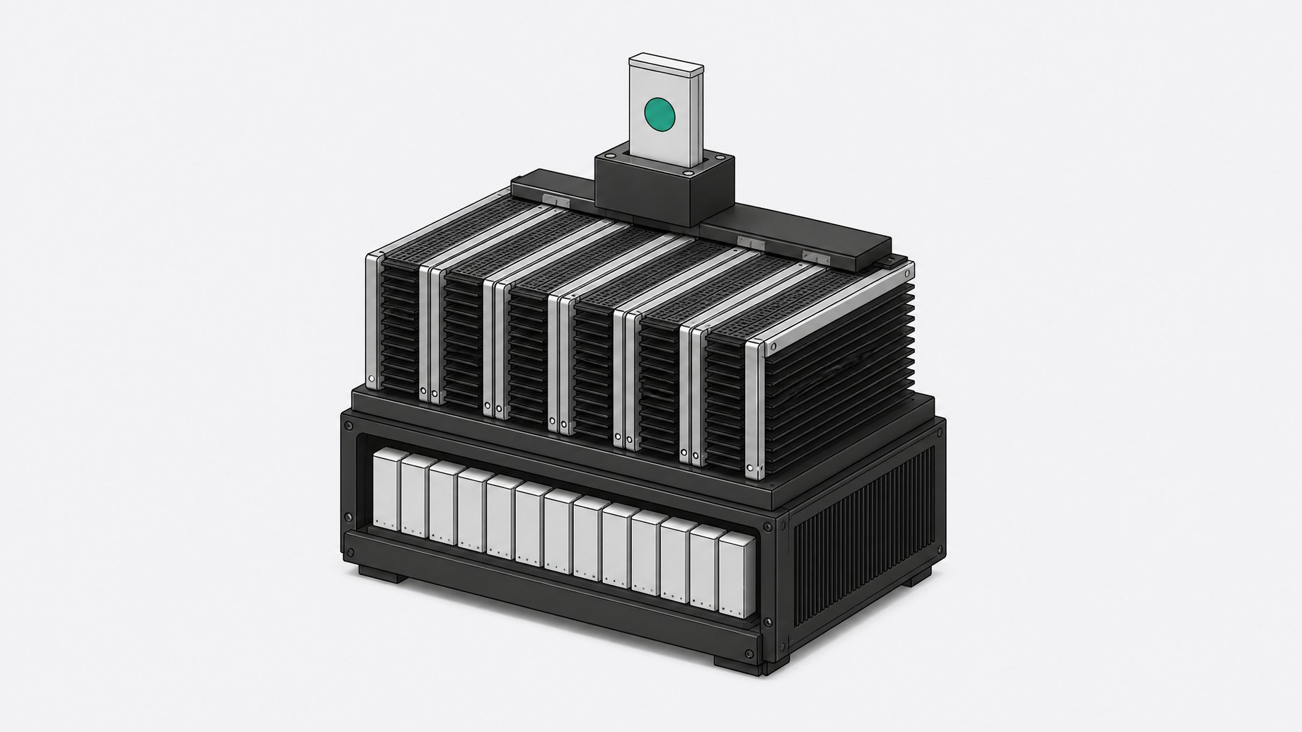 A self-contained local LLM inference hardware stack featuring a tiered array of processing blades and physical model weight tokens.