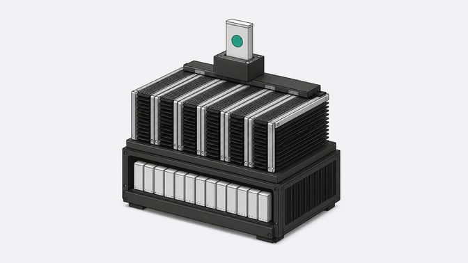 A self-contained local LLM inference hardware stack featuring a tiered array of processing blades and physical model weight tokens.