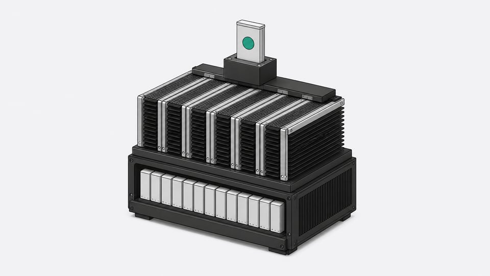A self-contained local LLM inference hardware stack featuring a tiered array of processing blades and physical model weight tokens.