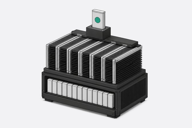 A self-contained local LLM inference hardware stack featuring a tiered array of processing blades and physical model weight tokens.