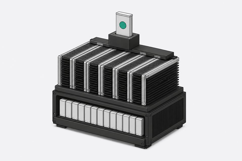 A self-contained local LLM inference hardware stack featuring a tiered array of processing blades and physical model weight tokens.