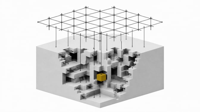 An open, organized geometric framework representing an AI coding tool maps and lowers a new structural patch into a dense, complex block representing a legacy codebase.