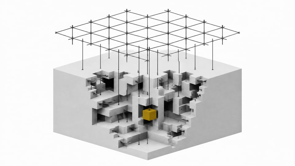An open, organized geometric framework representing an AI coding tool maps and lowers a new structural patch into a dense, complex block representing a legacy codebase.