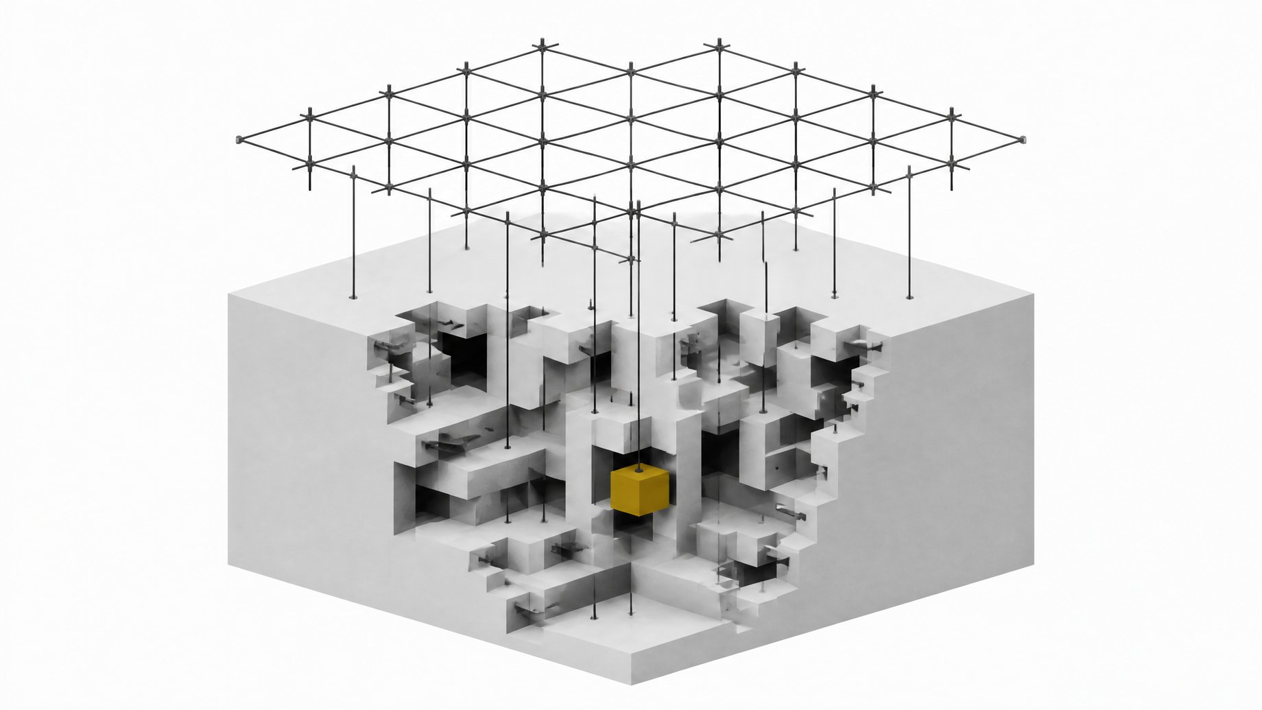 An open, organized geometric framework representing an AI coding tool maps and lowers a new structural patch into a dense, complex block representing a legacy codebase.