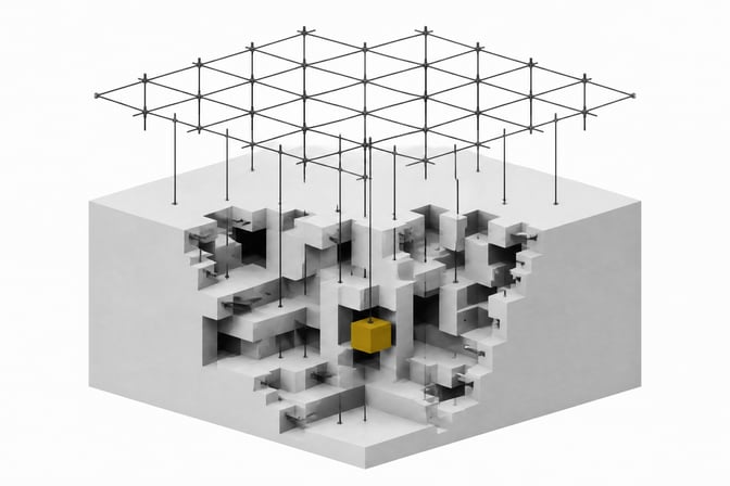 An open, organized geometric framework representing an AI coding tool maps and lowers a new structural patch into a dense, complex block representing a legacy codebase.