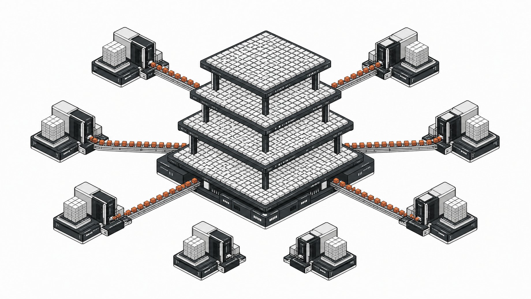A schematic architectural rendering of autonomous peripheral processing clusters systematically extracting blank data tiles from a central corporate network topology.