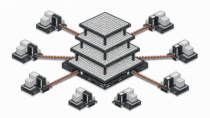 A schematic architectural rendering of autonomous peripheral processing clusters systematically extracting blank data tiles from a central corporate network topology.