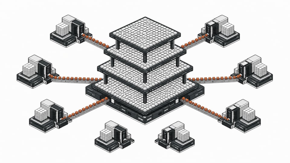 A schematic architectural rendering of autonomous peripheral processing clusters systematically extracting blank data tiles from a central corporate network topology.