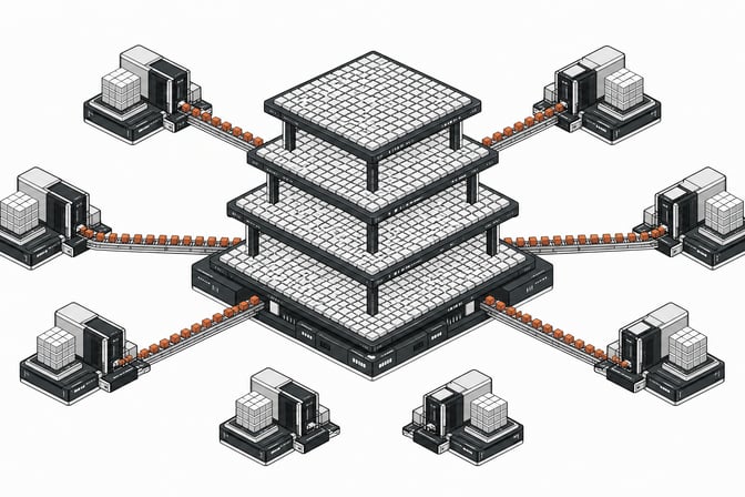 A schematic architectural rendering of autonomous peripheral processing clusters systematically extracting blank data tiles from a central corporate network topology.