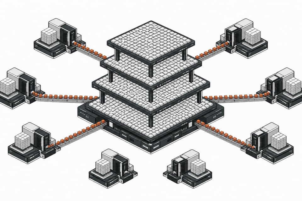 A schematic architectural rendering of autonomous peripheral processing clusters systematically extracting blank data tiles from a central corporate network topology.