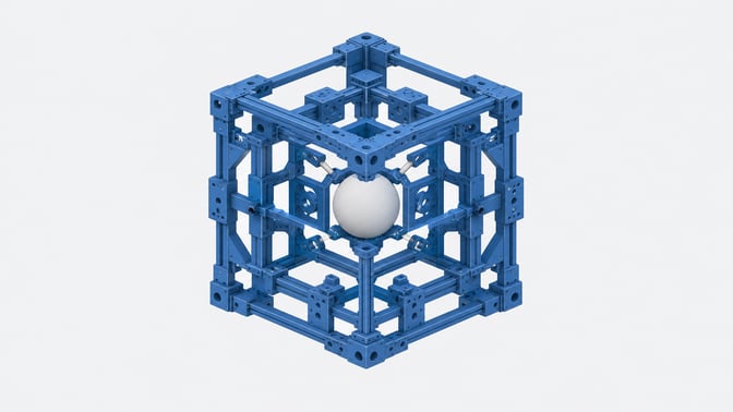 A complex structural mounting scaffolding enclosing a small central sphere, representing the software harness surrounding an AI model.