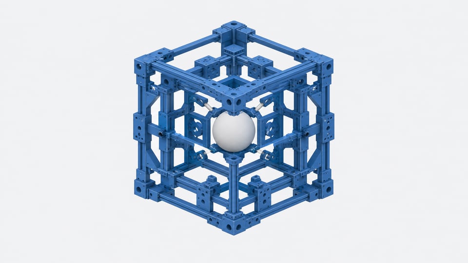 A complex structural mounting scaffolding enclosing a small central sphere, representing the software harness surrounding an AI model.