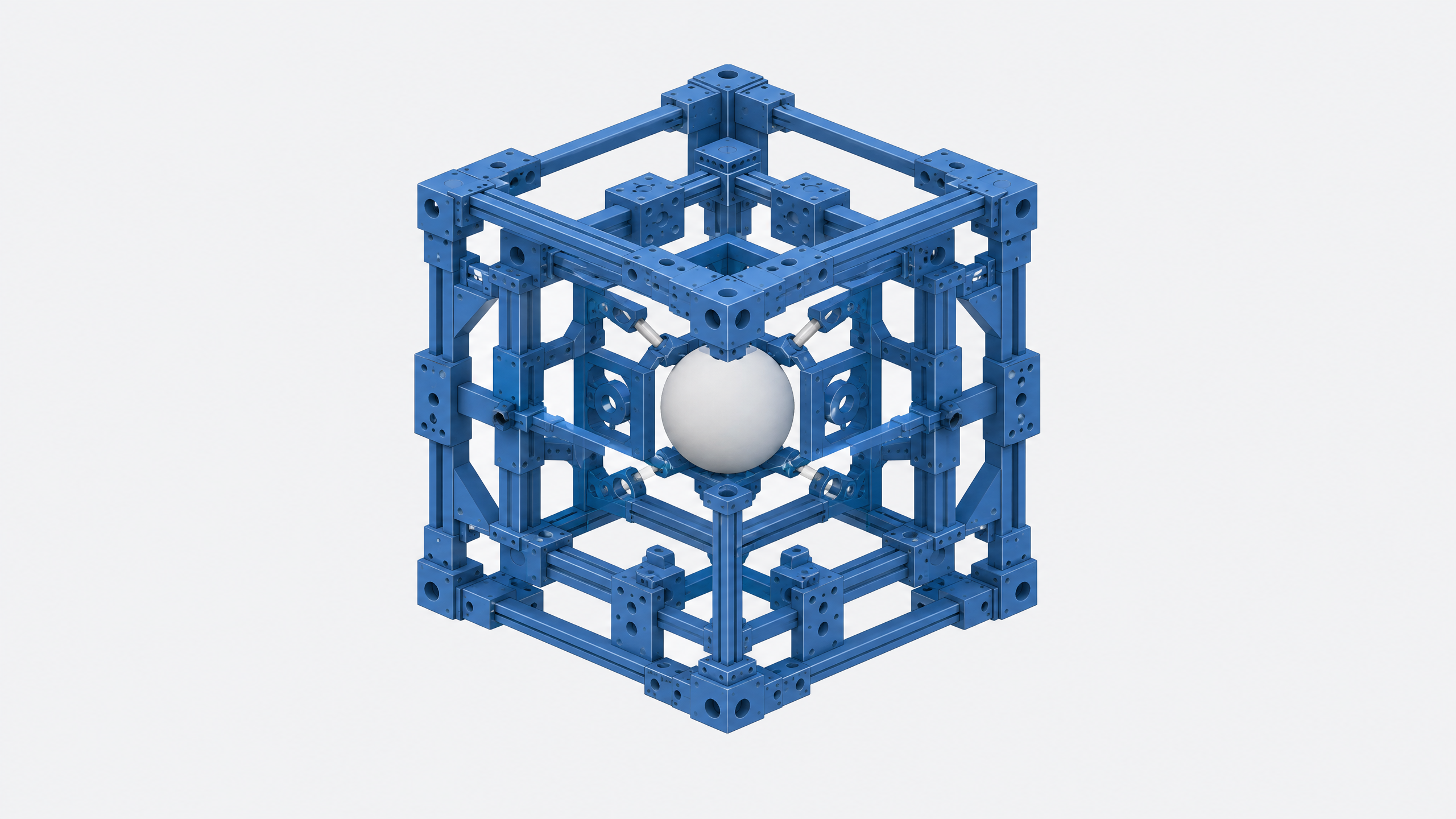 A complex structural mounting scaffolding enclosing a small central sphere, representing the software harness surrounding an AI model.