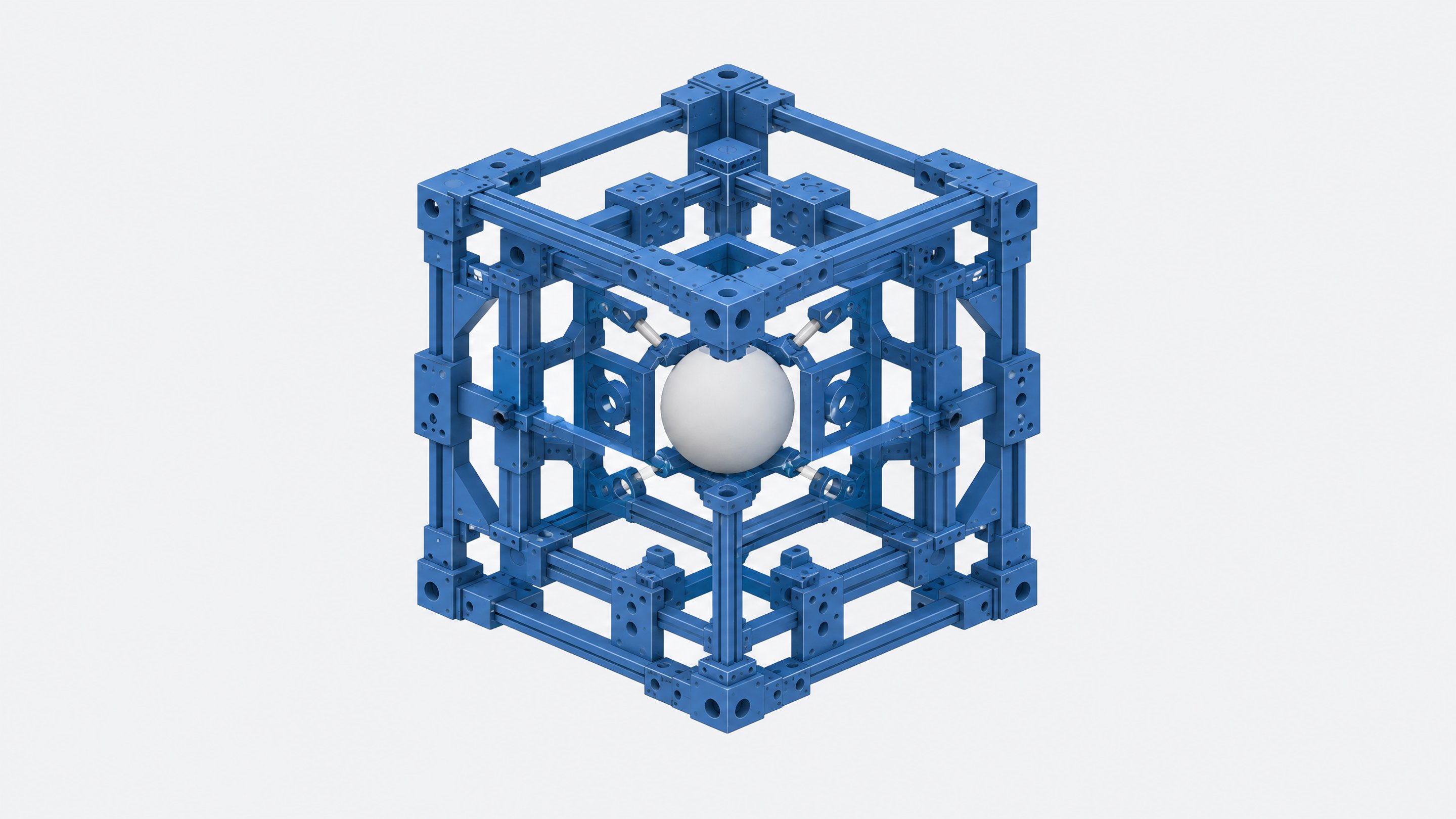 A complex structural mounting scaffolding enclosing a small central sphere, representing the software harness surrounding an AI model.
