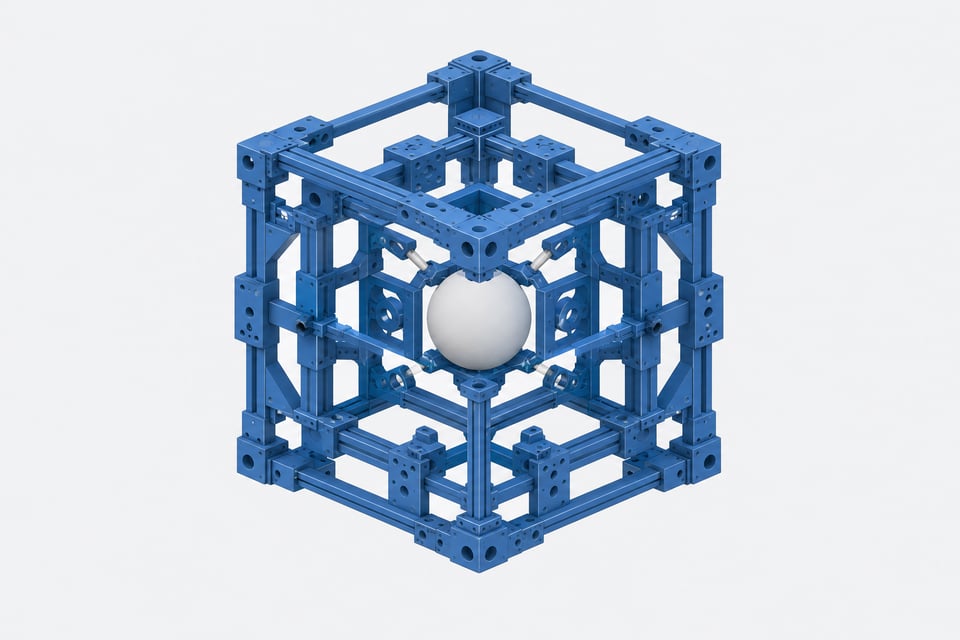 A complex structural mounting scaffolding enclosing a small central sphere, representing the software harness surrounding an AI model.