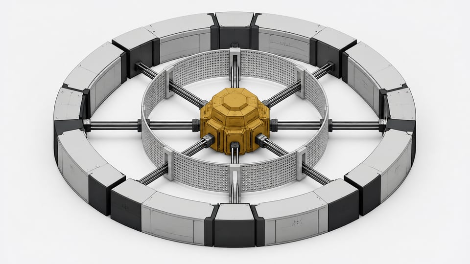 A dense central processing node extending conduits outward through a perforated inner shell, entirely bounded by a thick, solid outer hardware ring, representing local LLM isolation perimeters and tool access containment.