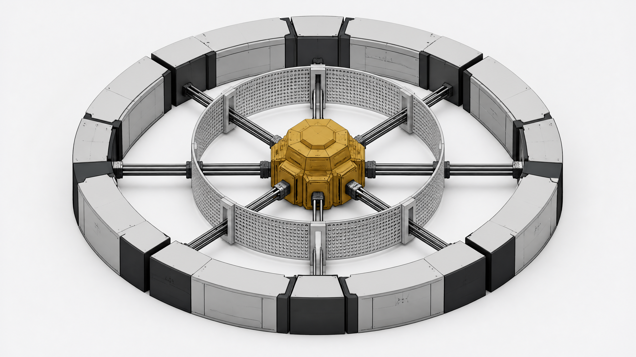 A dense central processing node extending conduits outward through a perforated inner shell, entirely bounded by a thick, solid outer hardware ring, representing local LLM isolation perimeters and tool access containment.