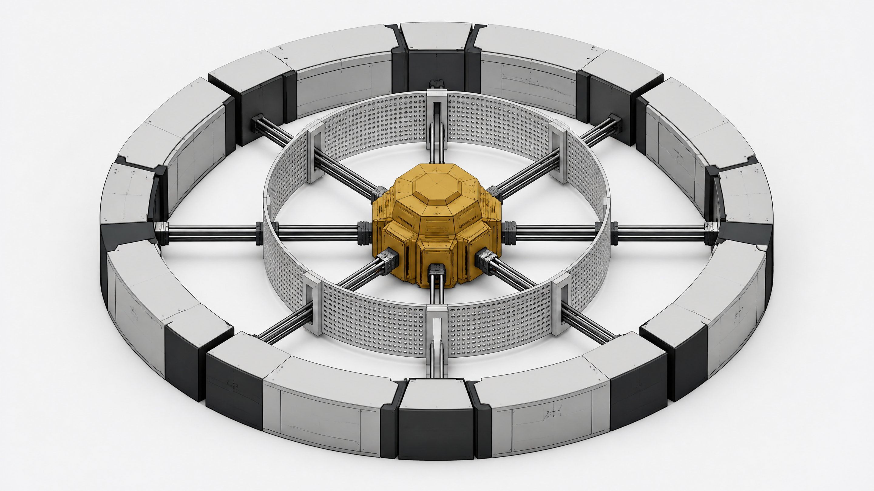 A dense central processing node extending conduits outward through a perforated inner shell, entirely bounded by a thick, solid outer hardware ring, representing local LLM isolation perimeters and tool access containment.