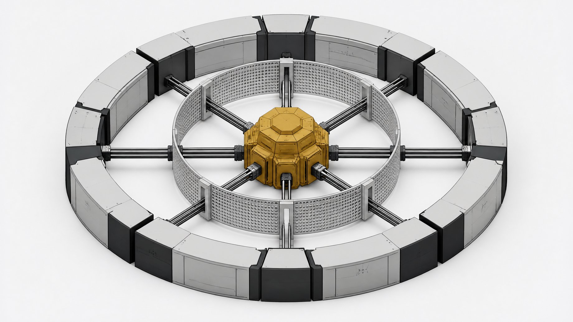 A dense central processing node extending conduits outward through a perforated inner shell, entirely bounded by a thick, solid outer hardware ring, representing local LLM isolation perimeters and tool access containment.