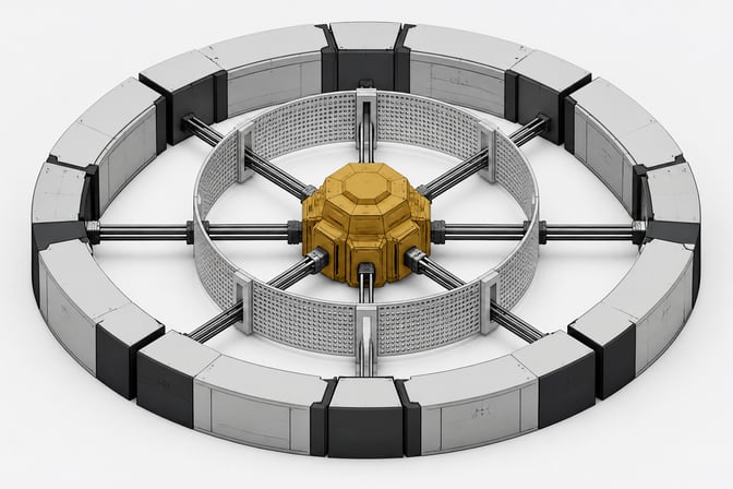 A dense central processing node extending conduits outward through a perforated inner shell, entirely bounded by a thick, solid outer hardware ring, representing local LLM isolation perimeters and tool access containment.