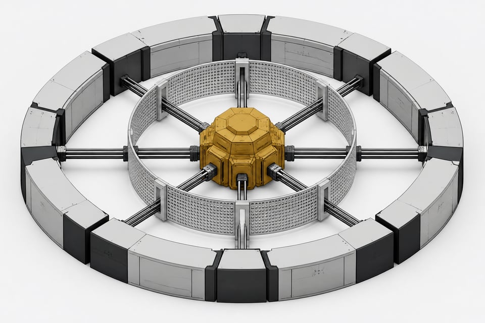 A dense central processing node extending conduits outward through a perforated inner shell, entirely bounded by a thick, solid outer hardware ring, representing local LLM isolation perimeters and tool access containment.