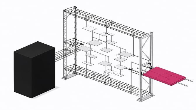 A physical representation of parsing a DOM tree into a constructed UI component, showing an open structural framework where disconnected, branching plates converge through an extraction gate to form a unified interface module, contrasting with a sealed opaque block.