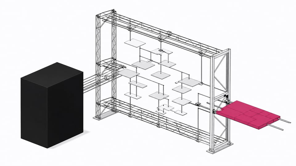 A physical representation of parsing a DOM tree into a constructed UI component, showing an open structural framework where disconnected, branching plates converge through an extraction gate to form a unified interface module, contrasting with a sealed opaque block.