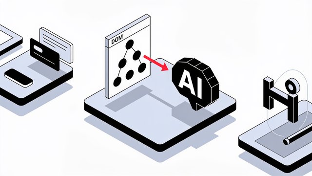 Minimal line illustration of a browser window with a UI card being lifted by a cursor into a code editor, representing DOM extraction feeding an AI coding tool