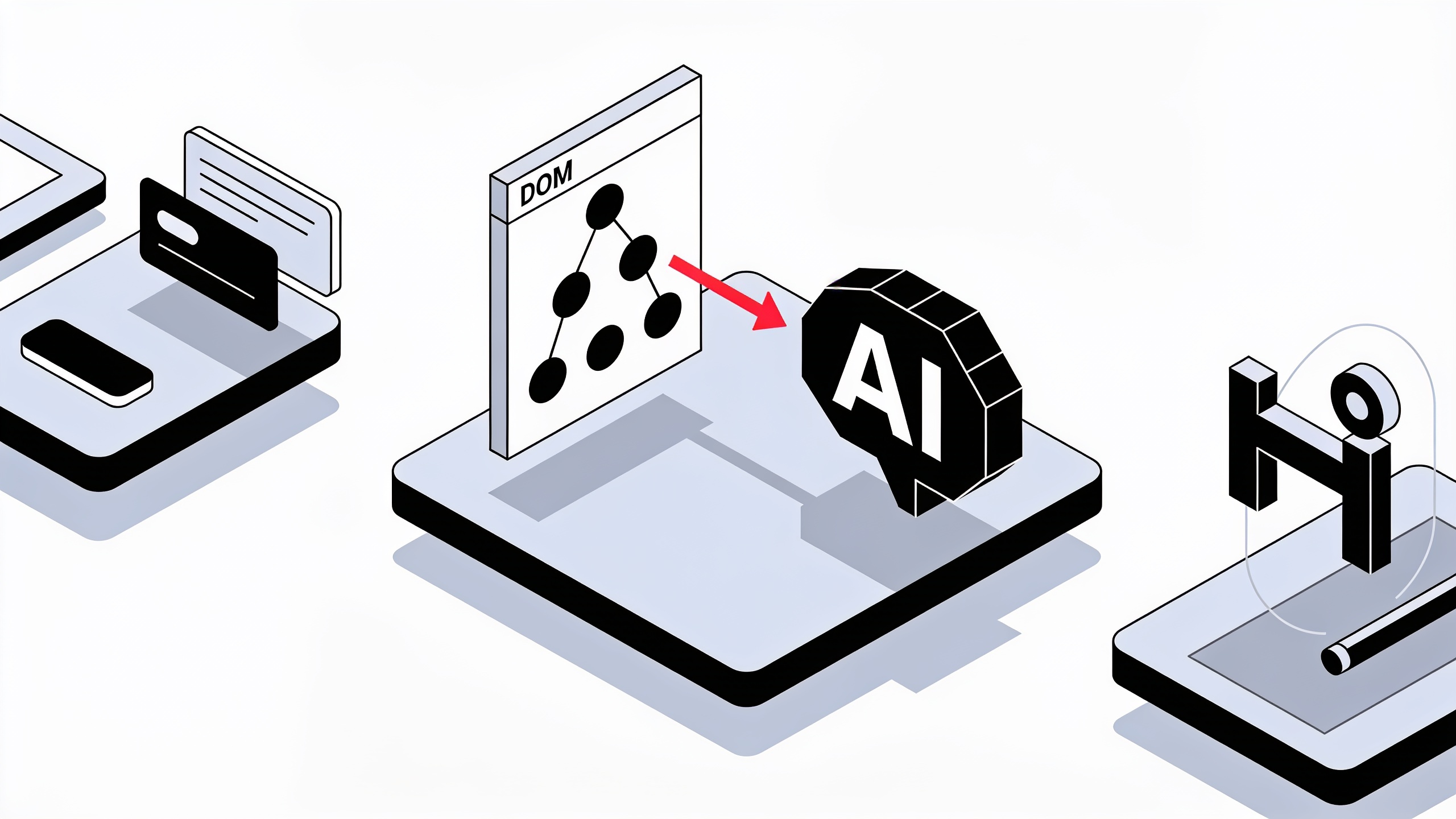 Minimal line illustration of a browser window with a UI card being lifted by a cursor into a code editor, representing DOM extraction feeding an AI coding tool