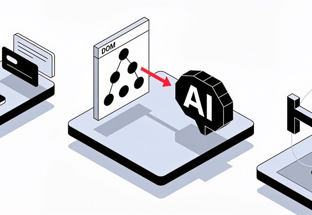 Minimal line illustration of a browser window with a UI card being lifted by a cursor into a code editor, representing DOM extraction feeding an AI coding tool