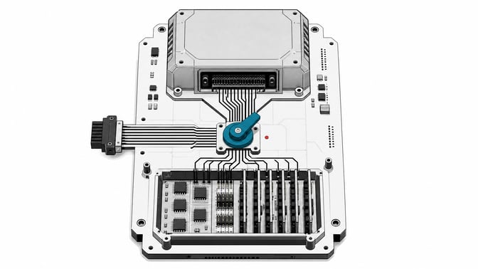 An exploded hardware diagram showing a bypass toggle switch diverting data traces away from a monolithic primary processing block and into a custom-built array of local compute modules.