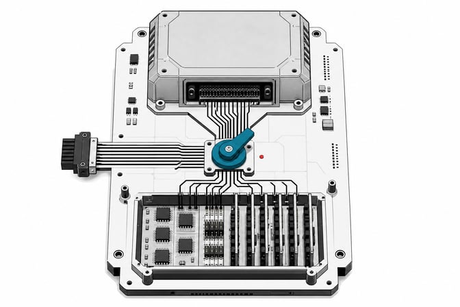 An exploded hardware diagram showing a bypass toggle switch diverting data traces away from a monolithic primary processing block and into a custom-built array of local compute modules.