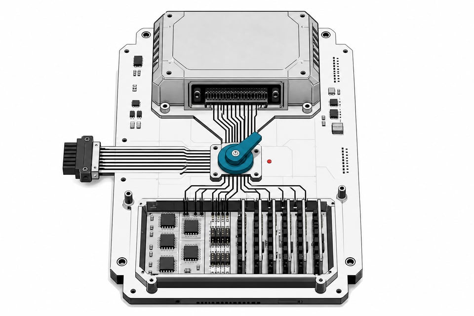 An exploded hardware diagram showing a bypass toggle switch diverting data traces away from a monolithic primary processing block and into a custom-built array of local compute modules.